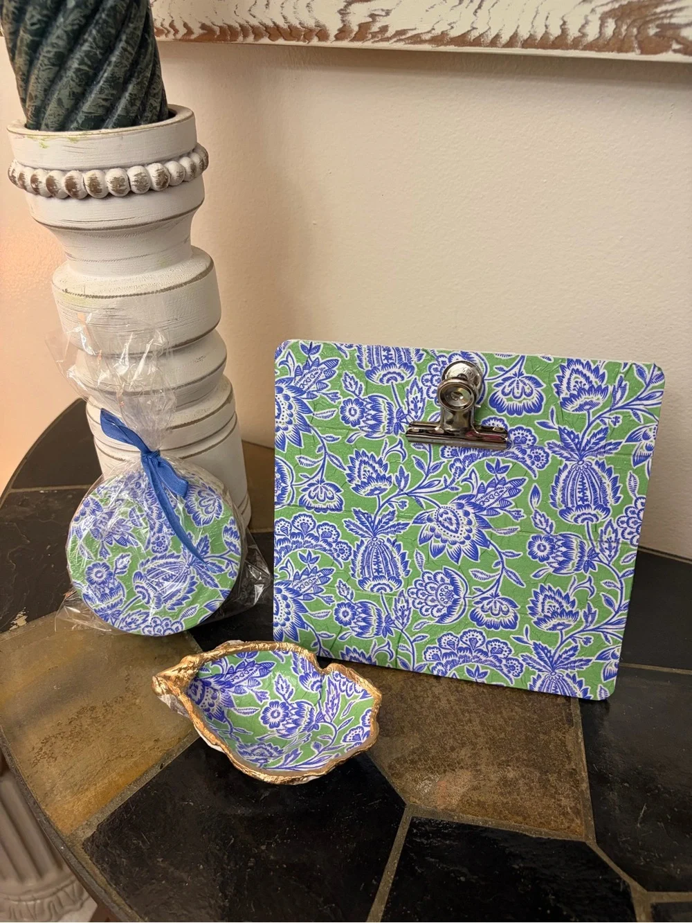 Picture Frame/Note Holder.  Oyster Shell Trinket Dish.  Coaster set.
